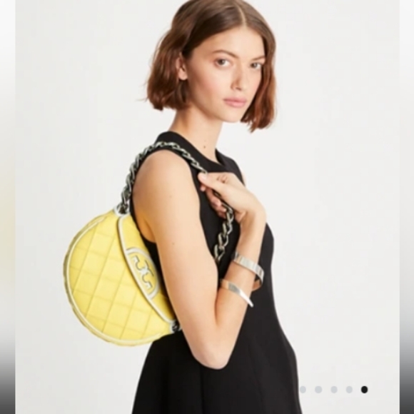 New Tory Burch MINI FLEMING SOFT PATENT BORDER CRESCENT BAG in Vintage Lemon - Picture 6 of 9